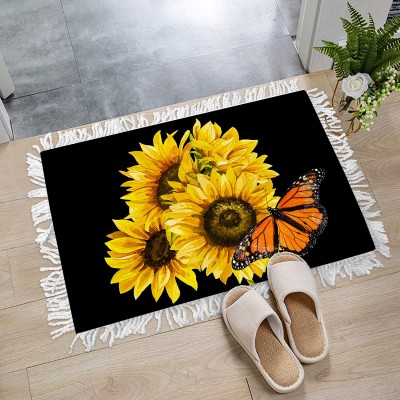 Tassel Front Door Mat Accent Rug 20 x 31.5 in Oil Painting Sunflower with Monarch Butterfly Fringed Luxury Doormat Welcome Mat for Kitchen Bedding Room Bathroom Yellow Floral Black Backdrop
