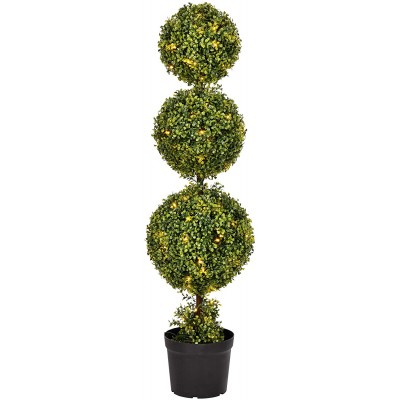 Vickerman Everyday 4 Foot Tall Artificial Pre-Lit LED Boxwood Topiary Triple Ball Tree UV Resistant Indoor Outdoor Potted Natural Green Home Patio Faux Decor