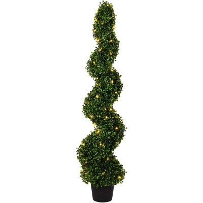 Vickerman Pre-Lit LED Artificial Boxwood Topiary Spiral Tree 4 Foot Tall Potted Natural Green Boxwood UV Resistant Indoor Outdoor Home Patio Decor