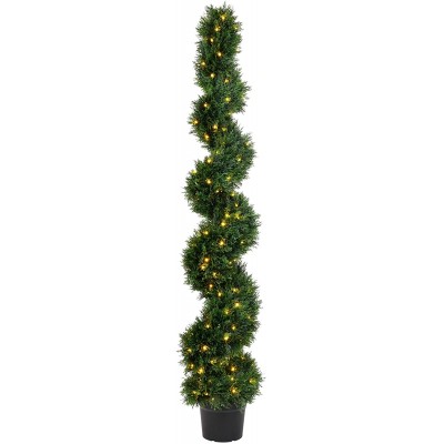 Vickerman Pre-Lit LED Artificial Cedar Topiary Spiral Tree 6 Foot Tall Potted Natural Green Boxwood UV Resistant Indoor Outdoor Home Patio Faux Decor