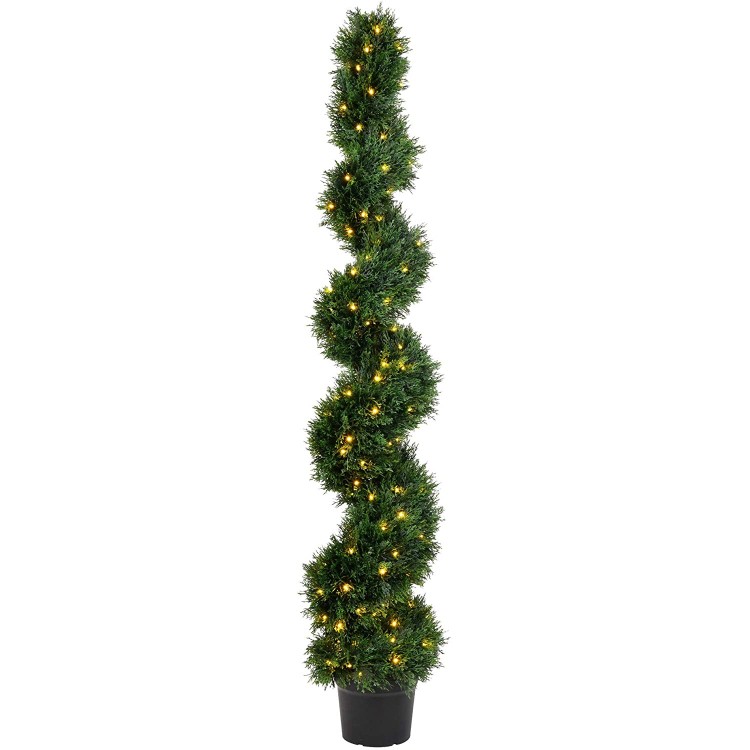 Vickerman Pre-Lit LED Artificial Cedar Topiary Spiral Tree 6 Foot Tall Potted Natural Green Boxwood UV Resistant Indoor Outdoor Home Patio Faux Decor