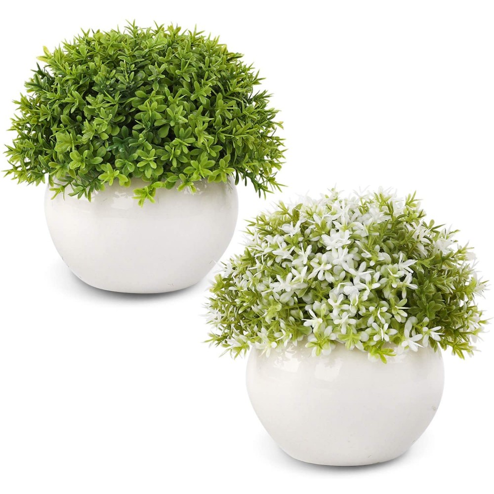 Wholine 2 Packs Artificial Mini Potted Plants Small Fake Green Grass Shrubs with White Pot for Home Office Desk Bathroom Room Decor