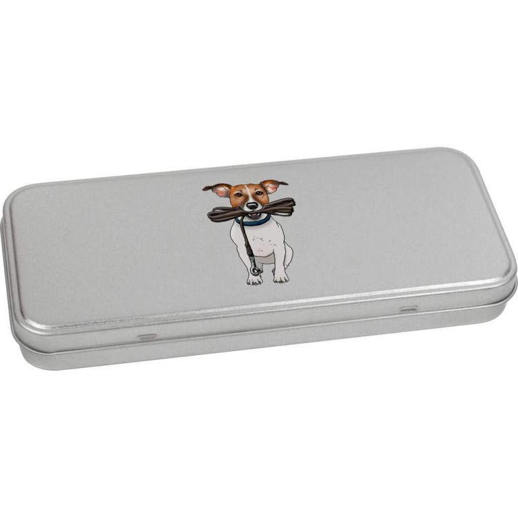 Azeeda 'Jack Russell Holding Lead' Metal Hinged Stationery Tin Storage Box TT00145634