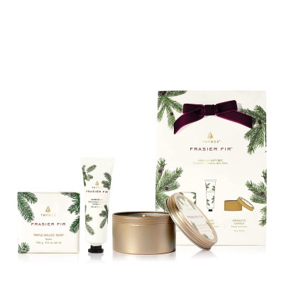 Thymes Frasier Fir Hand Cream Travel Candle Tin and Bar Soap Gift Set